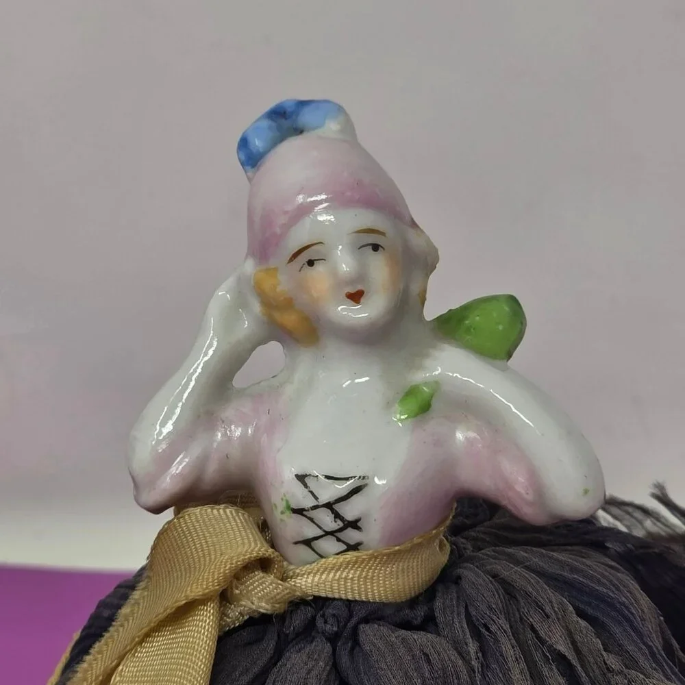 Vintage Porcelain Half Doll Pincushion With Lace‎ Skirt And Fabric Details